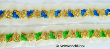 Gold Sheer Trim In Gold And Blue / Green Floral Embroidery And Gold Sequins Embellishment, Approx. 45mm Wide - 210119L135 / 36